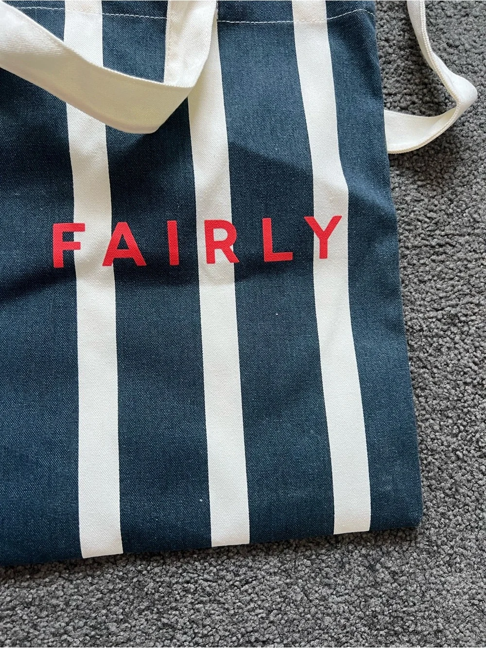 Jimmy Fairly Navy & White Stripe Tote Bag with Red Logo